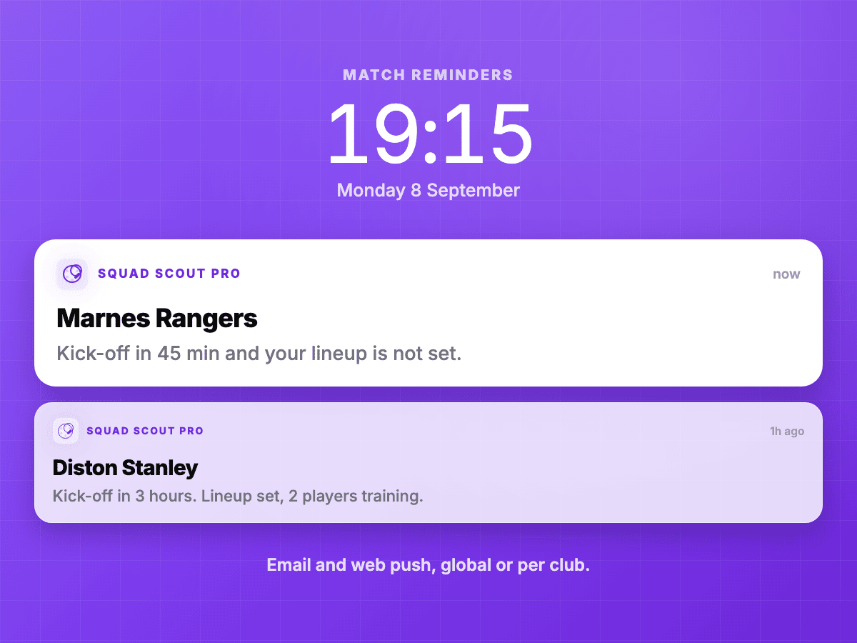 A phone notification reading kick-off in 45 minutes and your lineup is not set, with a second reminder below it